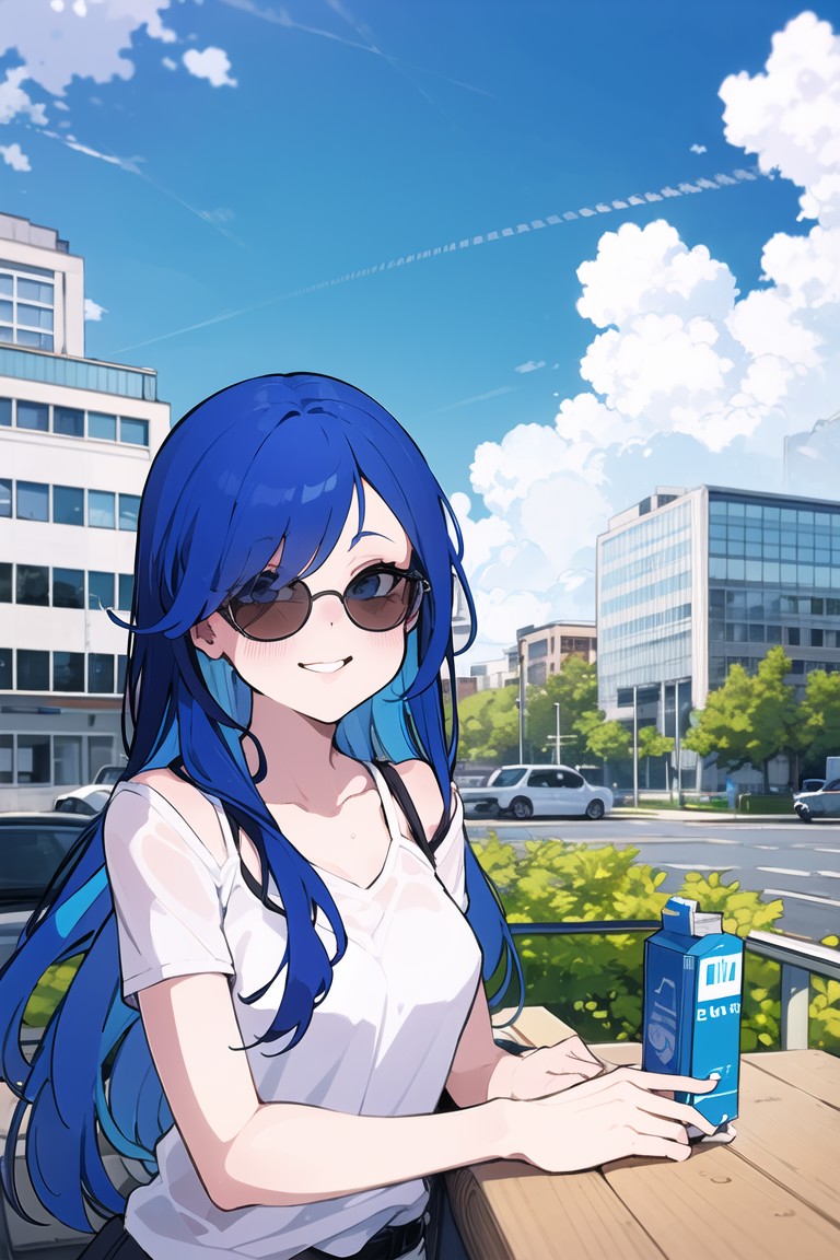 21760-3635805701-1girl,solo, detailed eyes, smile, perfect face, urban area , modern building , sunglasses, juice box, vast blue sky, cloud.png